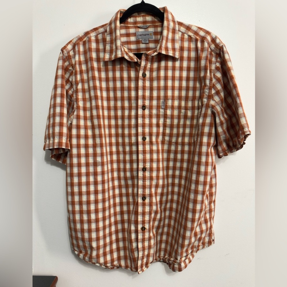 Carhartt Men's Orange and White Plaid Shirt